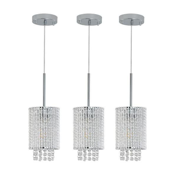 60-Watt 3 Light Crystal Pendant Light with Chrome Fixture and Crystal Beads, E26 Socket No Bulbs Included