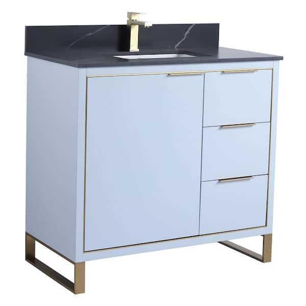 FINE FIXTURES Opulence 36 in. W x 18 in. D x 33.5 in H. Bath Vanity in Pastel Blue with Black Marble Single sink Top