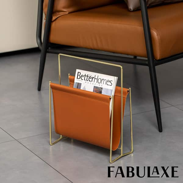 Tan Leather Magazine outlet Holder, Newspaper Document Metal Rack Holder, Vintage style Home Decor & Office Accessories