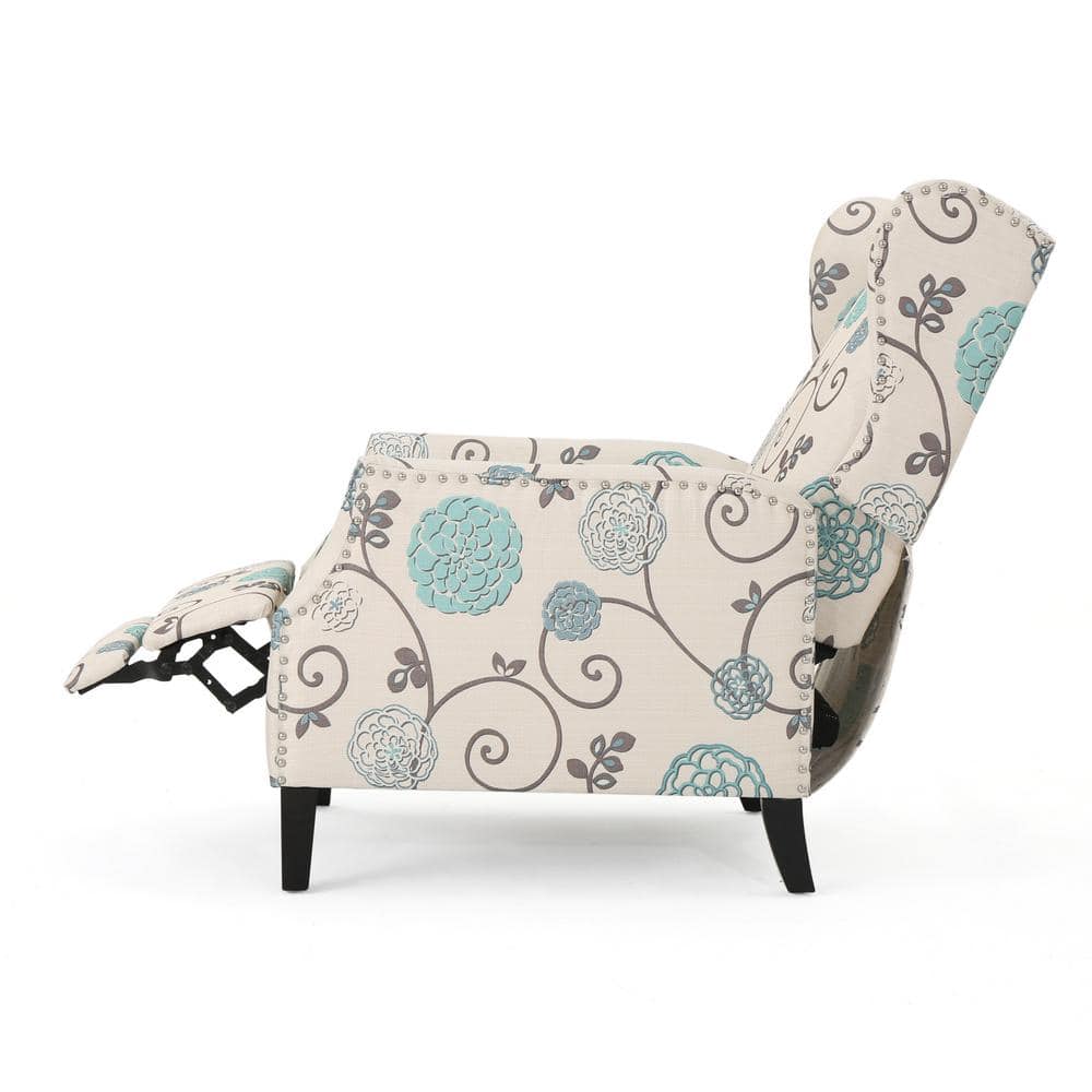 Handcrafted White Floral Polyester Recliner with Wingback Design