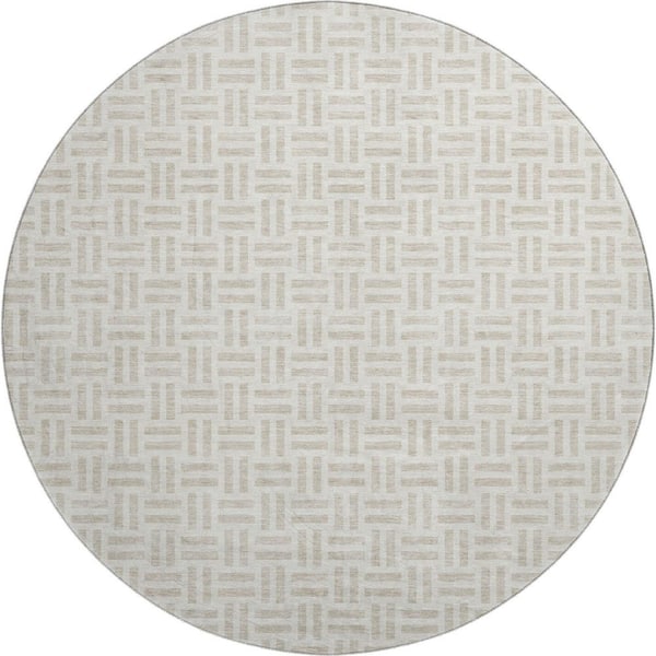 Mayfield Premium Machine Washable Abstract AMF978 Ivory 8 ft. x 8 ft. Round Rug