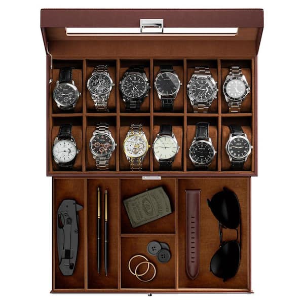 12-Slot Men's Faux Leather Watch Box with Drawer and Glass Lid, 2