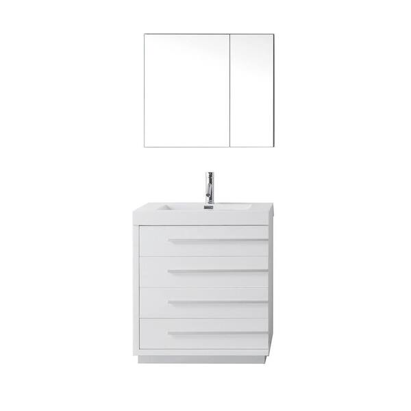 Virtu USA Bailey 30 in. W Bath Vanity in Gloss White with Polymarble Vanity Top in White with Square Basin and Mirror and Faucet