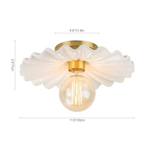 Lotus 11.8 in. 1-Light Aged Brass Semi- Flush Mount with White Ceramic Shade
