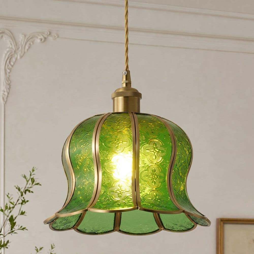 9.65 in. 1-Light Vintage Lantern Brushed Brass Pendant Light Mid Century Hanging Light with Flower Glass Shade for Foyer price history on PriceWatchPro