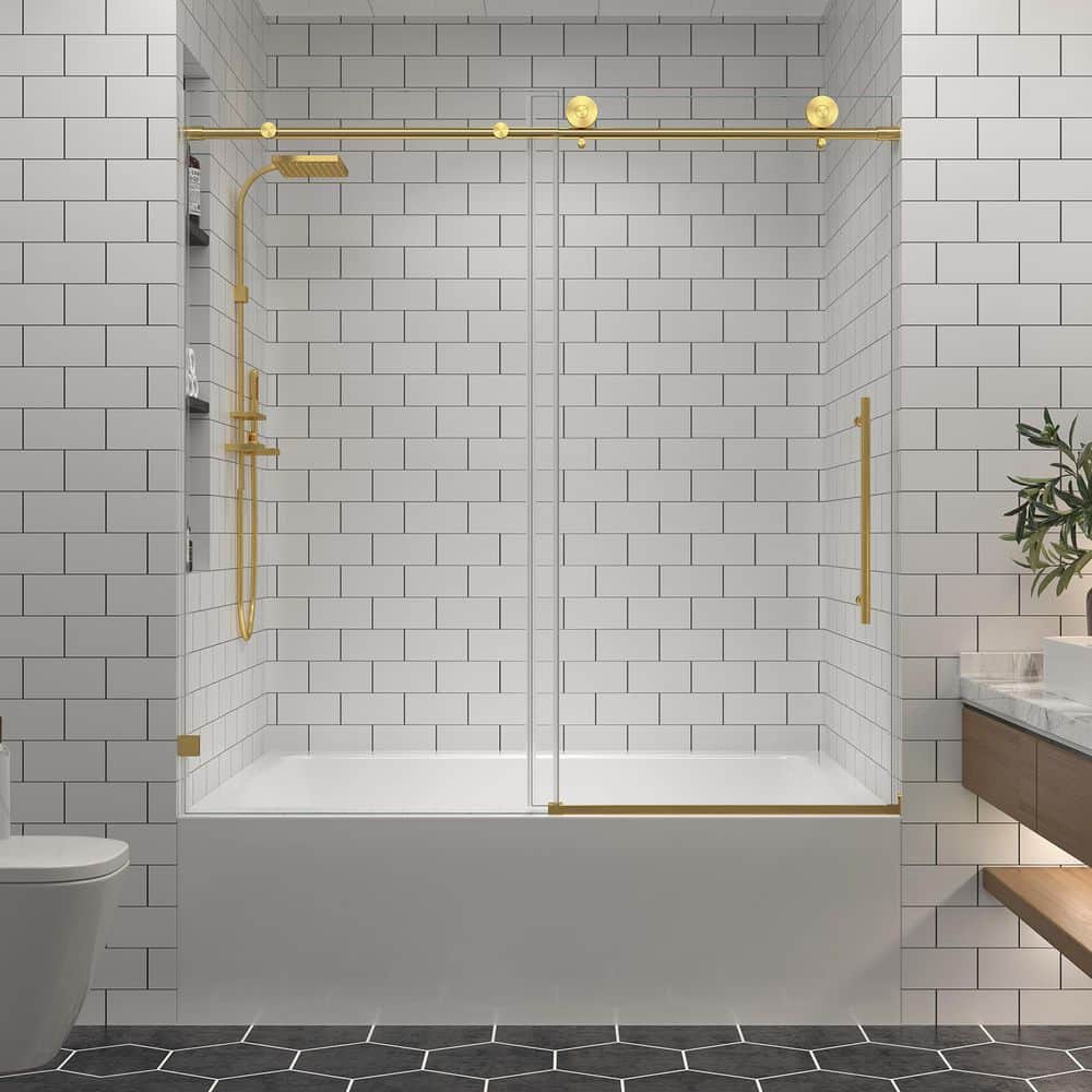 55-60 in. W x 63 in. H Sliding Frameless Tub Door in Brushed Gold Finish with 5/16 in. Clear Tempered Glass price history on PriceWatchPro