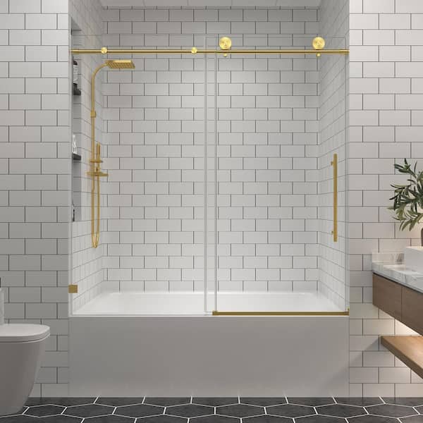 60.8 in. W x 63 in. H Sliding Frameless Bathtub Shower Door in Brushed Gold Finish with 5/16 in. Clear Tempered Glass
