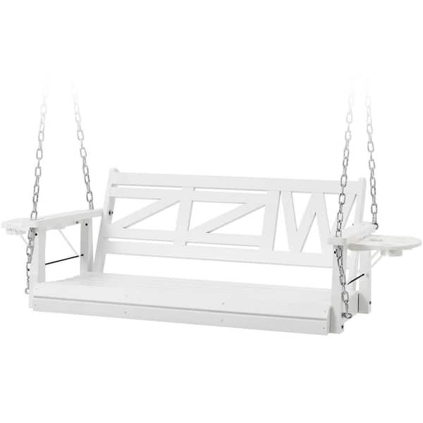 Sudzendf 2-Person White Wood Heavy Duty Porch Swing Bench for Adults with Hanging Chains and Upgraded Cupholders