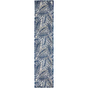 Aloha Ivory/Navy Botanical Kitchen Runner Indoor/Outdoor Rug