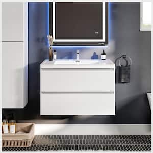 Glazzy 35.50 in. W x 17.50 in. D x 23 in. H Floating Bathroom Vanity in White with White Acrylic Top with White Sink