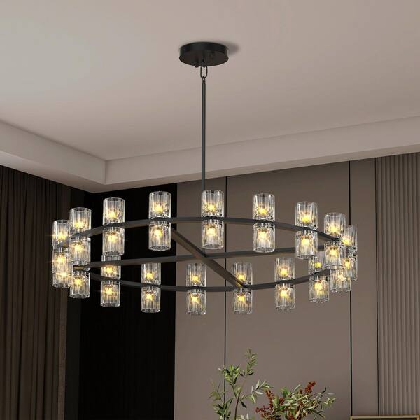 36-Light Black LED Crystal Chandelier with Iron Frame, Adjustable Height and G4 Bulb Included