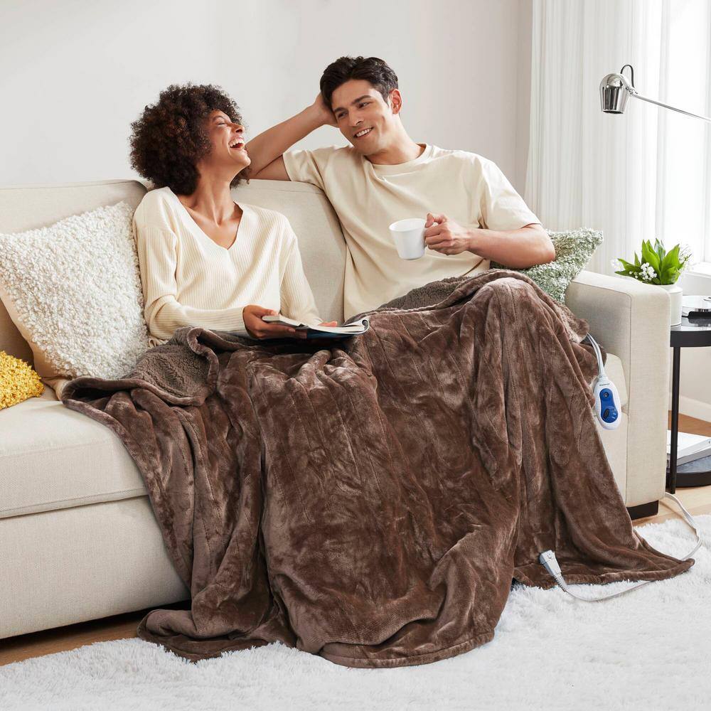 Oversized Chocolate Electric Fleece Reversible Heated Throw Blanket