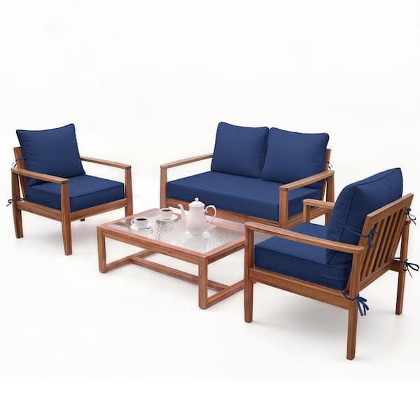 5 in. Universal Outdoor Cushion Set for Seats and Backs, Set of 1 Loveseat Cushions and 2 Deep Seat Cushions Blue