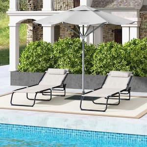 Set of 2 Cream White Steel Outdoor Lounge Chair, Patio Sun Tanning Chair with Pillow, 4-Position Reclining Back