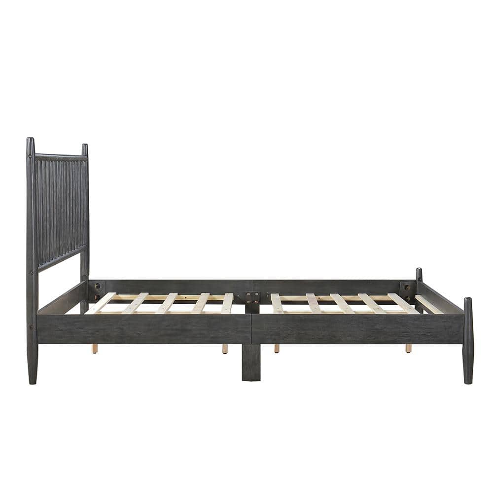 Gray Wood Queen Platform Bed with Vertical Slat Headboard