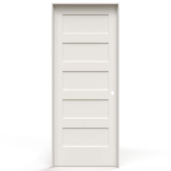 JELD-WEN 32 in. x 80 in. 5-Panel Shaker Left-Hand Primed White Solid Core Wood Single Prehung Interior Door w/ Bore Hole