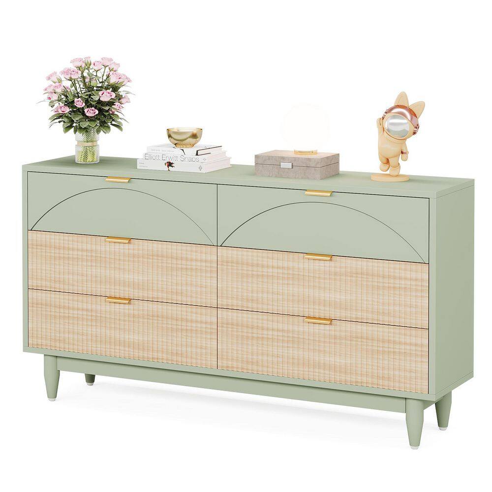 Sealey Mint Green 6 Drawer 55 in Wide Dresser, Farmhouse Vintage Chest of Drawers with Gold Metal Handle