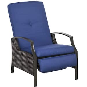 1-Piece Wicker Outdoor Recliner Chair with Footrest and Dark Blue Cushions