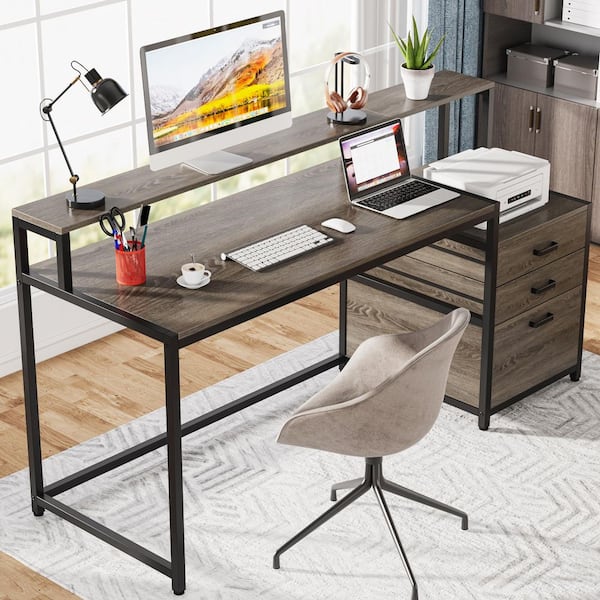 BYBLIGHT Capen 63 in. Rectangle Gray Black Engineered Wood Computer Desk Office Table Workstation 3-Drawer/Monitor Stand/Hutch