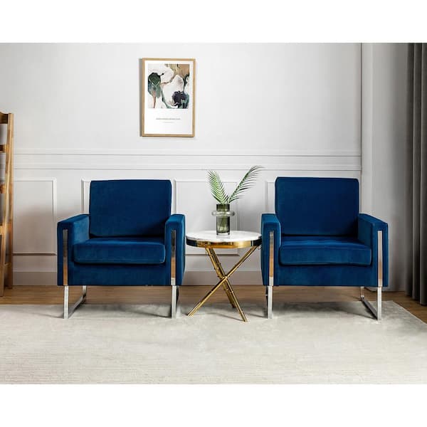 JAYDEN CREATION Dardanus Modern Navy Velvet Club Chair with Embedded Metal Armrests Set of 2