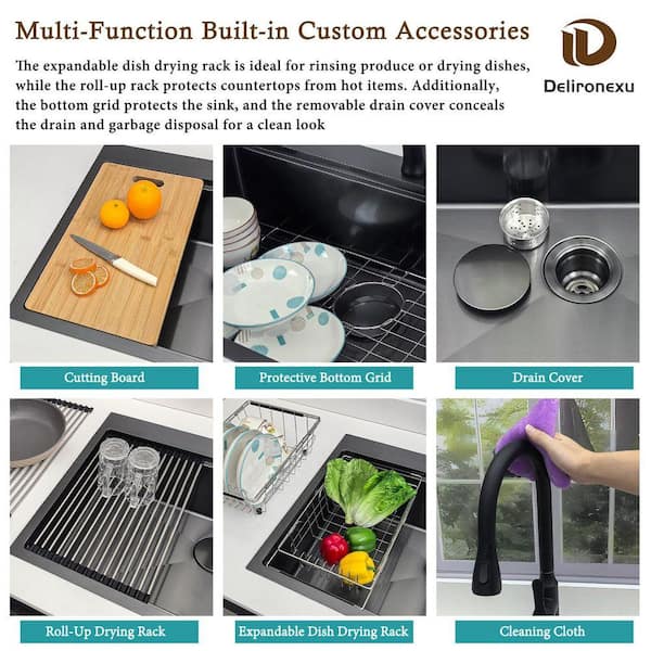 Black Kitchen Sink Drop In, 33"x22" Topmount Ledge Workstation Kitchen - View #5