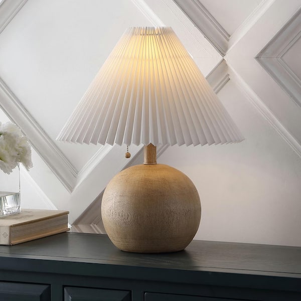 JONATHAN Y Aksel 17.25 in. Scandinavian Resin/Iron Sphere LED Table Lamp with Pleated Shade and Pull Chain, Beige Wood Finish/White