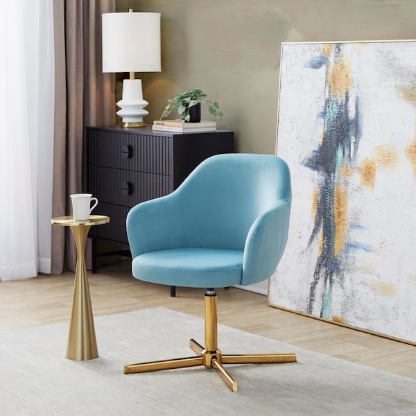 Buena Light Blue Velvet and Chrome Gold Metal Swivel Accent Chair