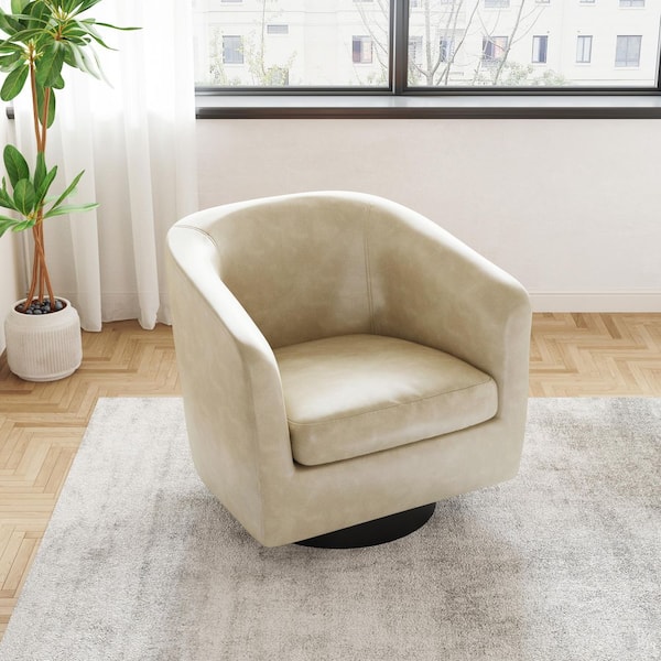Contemporary Cream Faux Leather Upholstered 360° Swivel Accent Arm Chair (Set of 1)