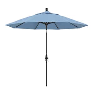 9 ft. Black Aluminum Pole Market Aluminum Ribs Collar Tilt Crank Lift Patio Umbrella in Air Blue Sunbrella