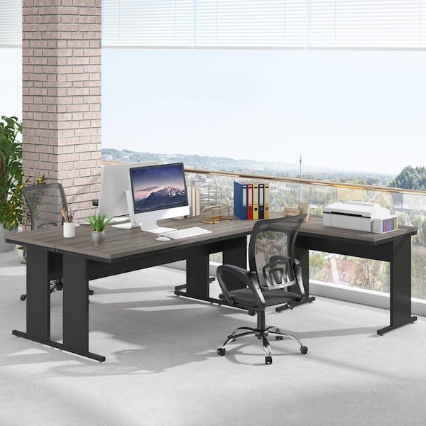 BYBLIGHT Capen 83 in. L-Shaped Grey Wood Computer Desk Reversible