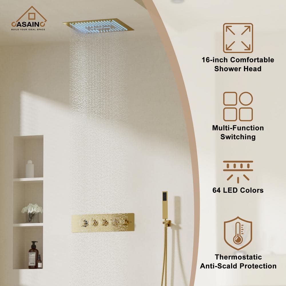 Brushed Gold 16" LED Rain Shower Set with Handheld