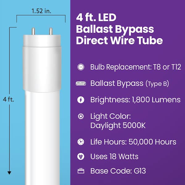 32-Watt Equivalent 4 ft. White Linear Tube T8/T12 G13 Type B Ballast Bypass LED Light Bulb, Daylight 5000K (10-Pack)