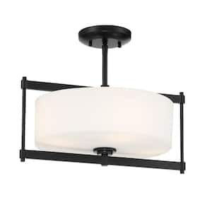 First Avenue 16 in. 4-Light Black Semi-Flush Mount with Etched White Glass