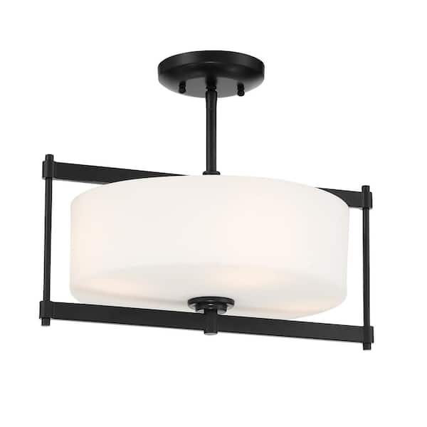 Minka Lavery First Avenue 16 in. 4-Light Black Semi-Flush Mount with Etched White Glass