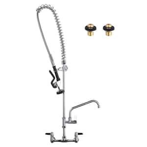 47 in. Commercial Wall Mount 3-Handle Brass Pull Down Sprayer Kitchen Faucet with Pre-Rinse Sprayer and Spout in Chrome