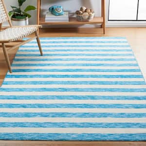 Easy Care Blue/Ivory Doormat 3 ft. x 5 ft. Machine Washable Striped Abstract Area Rug