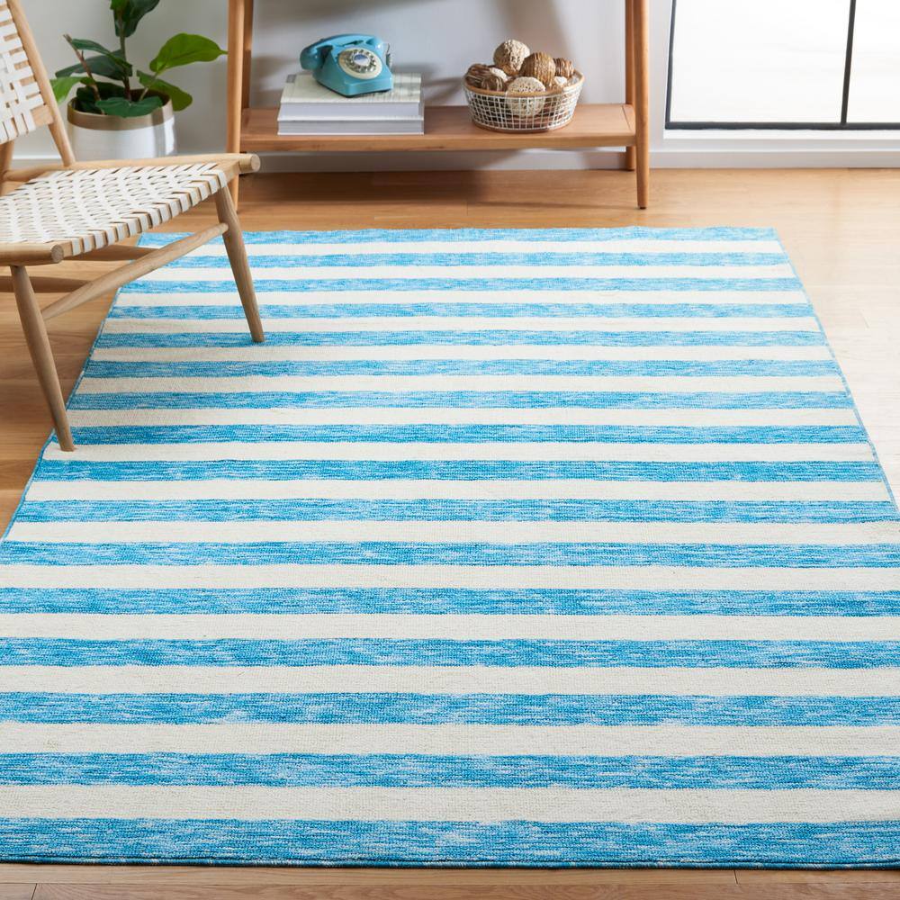 Blue and Ivory Striped Synthetic 4' x 6' Washable Rug