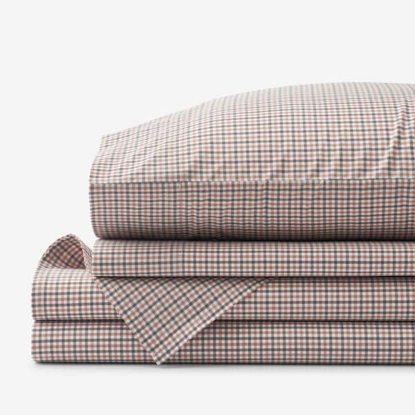 Company Cotton Yarn-Dyed 4-Piece Mini Check Brown Cotton Percale Queen Sheet Set