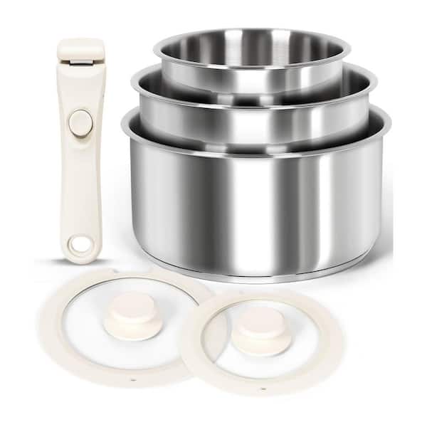Cookware Set 6-Piece White Stainless Steel Saucepan Set Triply Base Removable Handle Induction Compatible with Silicone