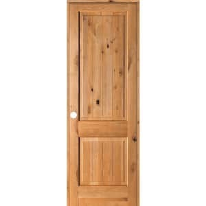 32 in. x 96 in. Knotty Alder 2 Panel Right-Hand Square Top V-Groove Clear Stain Solid Wood Single Prehung Interior Door