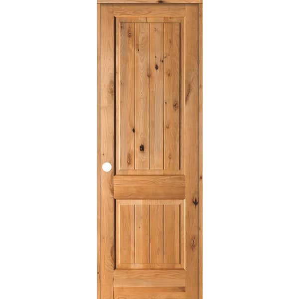Krosswood Doors 32 in. x 96 in. Knotty Alder 2 Panel Right-Hand Square Top V-Groove Clear Stain Solid Wood Single Prehung Interior Door