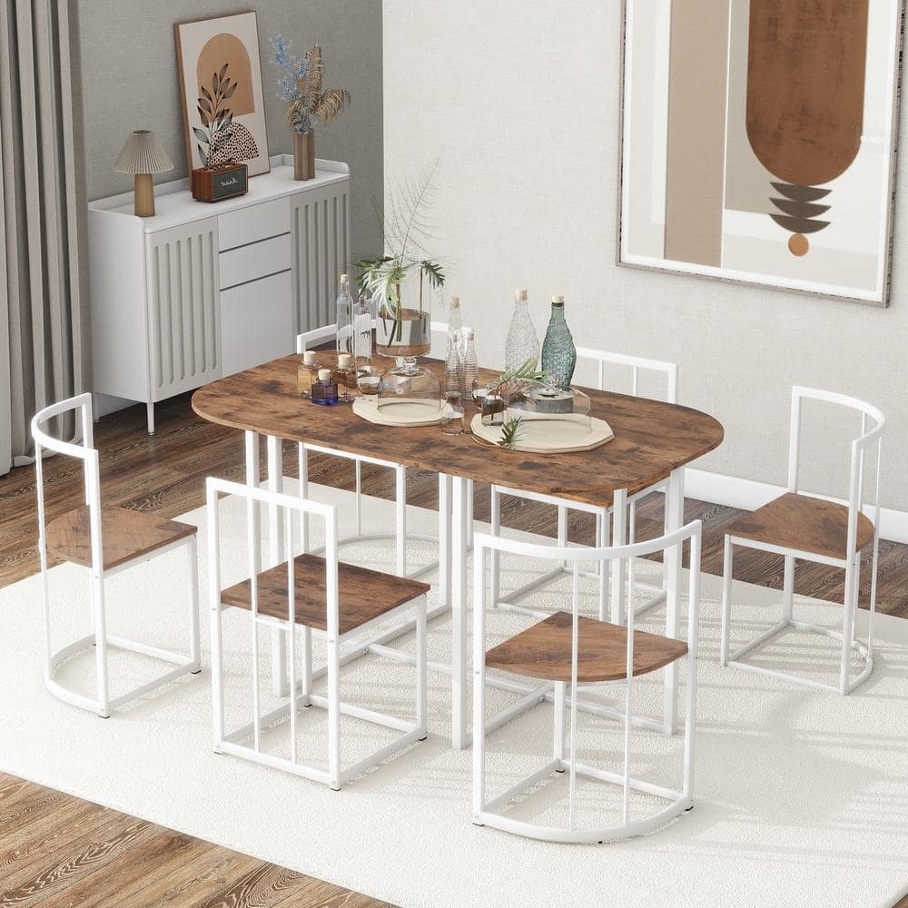 7-Piece Metal Outdoor Dining with Faux Marble Compact 55 Inch Kitchen Table