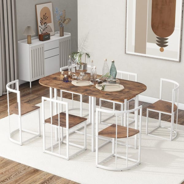 Unbranded 7-Piece Metal Outdoor Dining with Faux Marble Compact 55 Inch Kitchen Table Set for 6 in Cherry & White