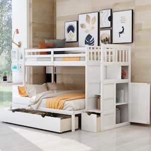 White Twin Over Full/Twin Convertible Bunk Bed with Storage Shelves and Drawers