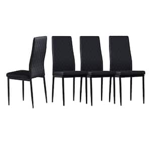 Black PU Leather Diamond Grid Pattern Metal Frame Dining Chair Set of 4