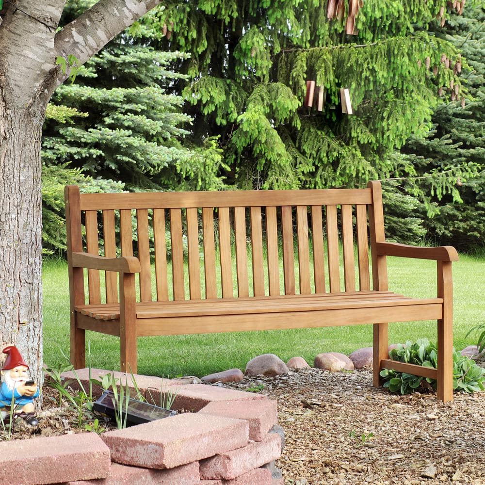 Sunnydaze 59-Inch Light Brown Teak Wood Outdoor Bench
