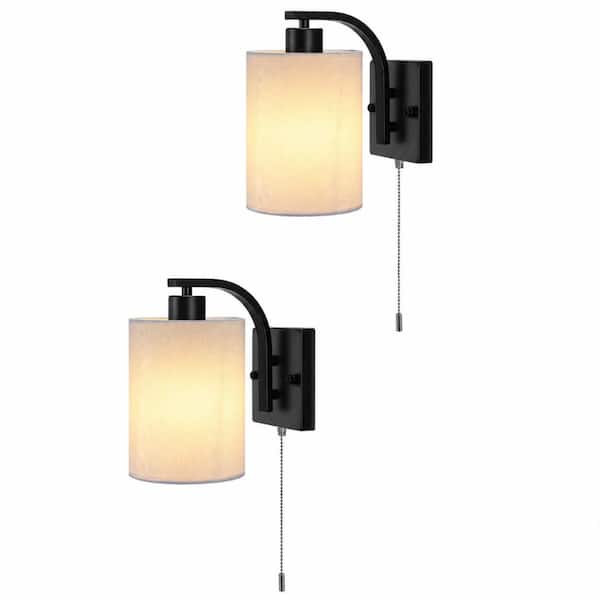 7 in wide 2 light black integrated LED fixture vanity light bar with pull chain switch and white fabric shade