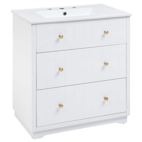 Unbranded 30 in. W x 18 in. D x 34 in. H Single Sink Freestanding Bath Vanity in White with White Ceramic Top