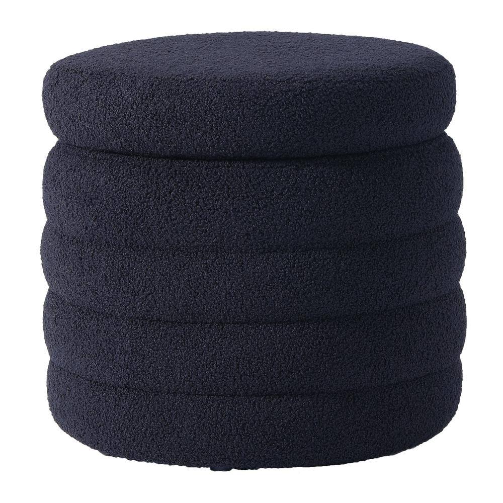 Bayville Modern 16" Tall Sherpa Tufted Round Storage Ottoman in Navy Blue