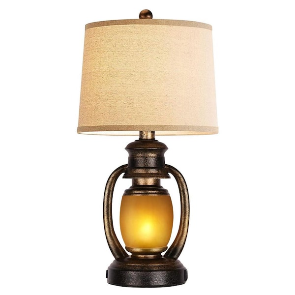 23.5''Rustic Table Lamp Single Lantern Black Bedside Lamp with Oatmeal Tapered Drum Shade with 2 USB Ports
